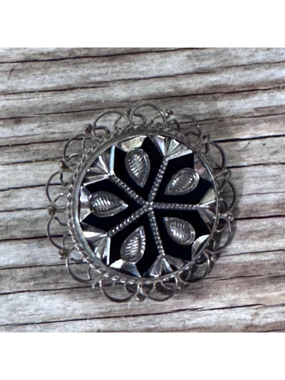 Mexico 925 Silver Black Onyx Brooch Pendant JFCM Guadalajara Filigree VTG